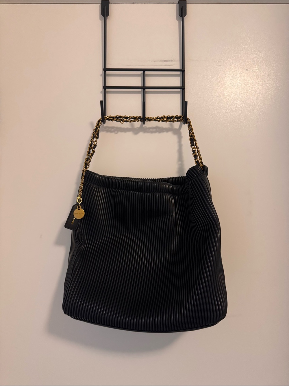 Pixie Mood Black Pleated Shoulder Bag with Gold Chain